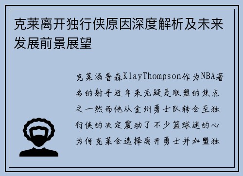 克莱离开独行侠原因深度解析及未来发展前景展望